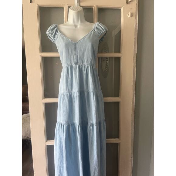 OLD‎ NAVY FIT & FLARE MAXI DRESS COTTON CHAMBRAY TIERED LIGHT WASH BLUE - Picture 9 of 12